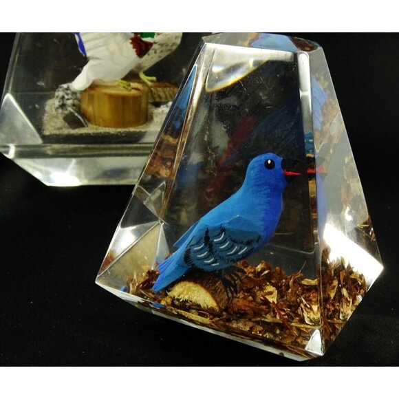 Vintage MCM Clear Lucite Prism Paperweight Lot Birds Canada Wood Carved - Picture 10 of 16